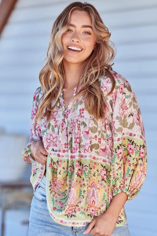 JAASE - Indira Top: Crew Neck Buttoned Bodice Smock Top in Sakura Print sold by Salty Crush
