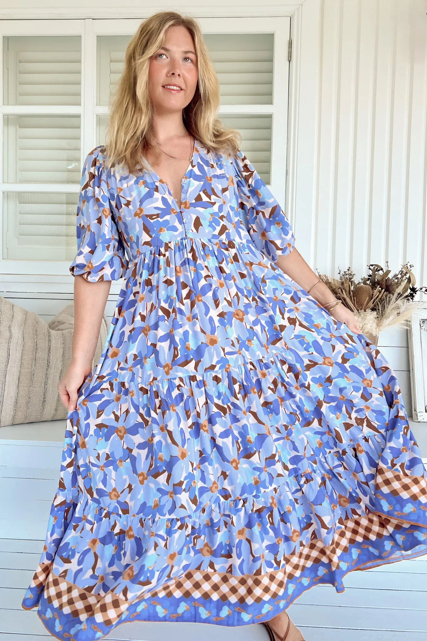 Eve Midi Dress - V Neck Tiered Dress with Option Waist Tie in Wild Orchid Print sold by Salty Crush product image thumbnail 2