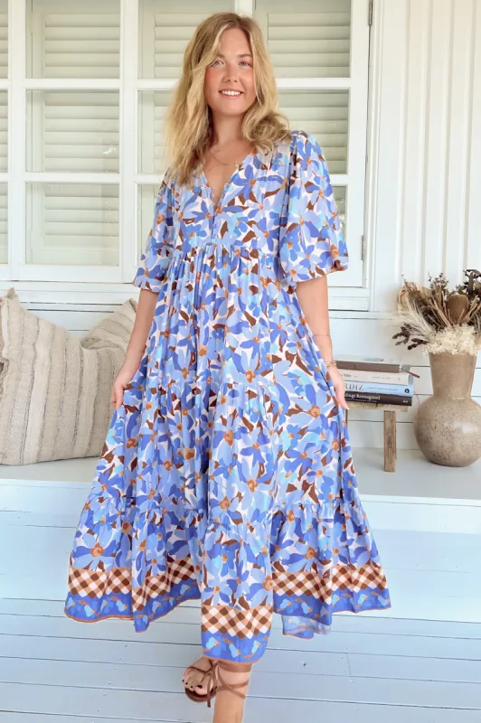 Eve Midi Dress - V Neck Tiered Dress with Option Waist Tie in Wild Orchid Print sold by Salty Crush