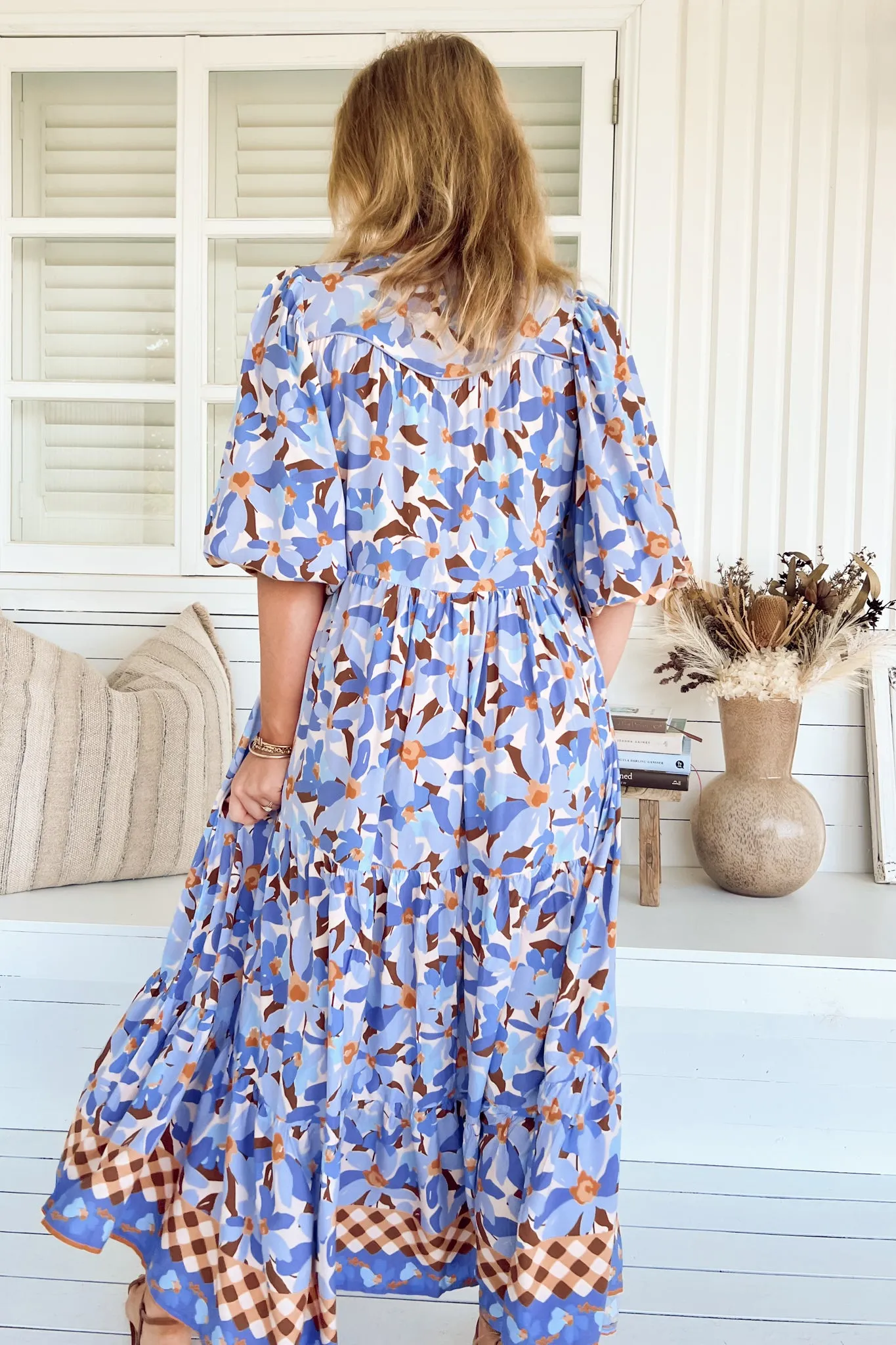 Eve Midi Dress - V Neck Tiered Dress with Option Waist Tie in Wild Orchid Print sold by Salty Crush product image thumbnail 5