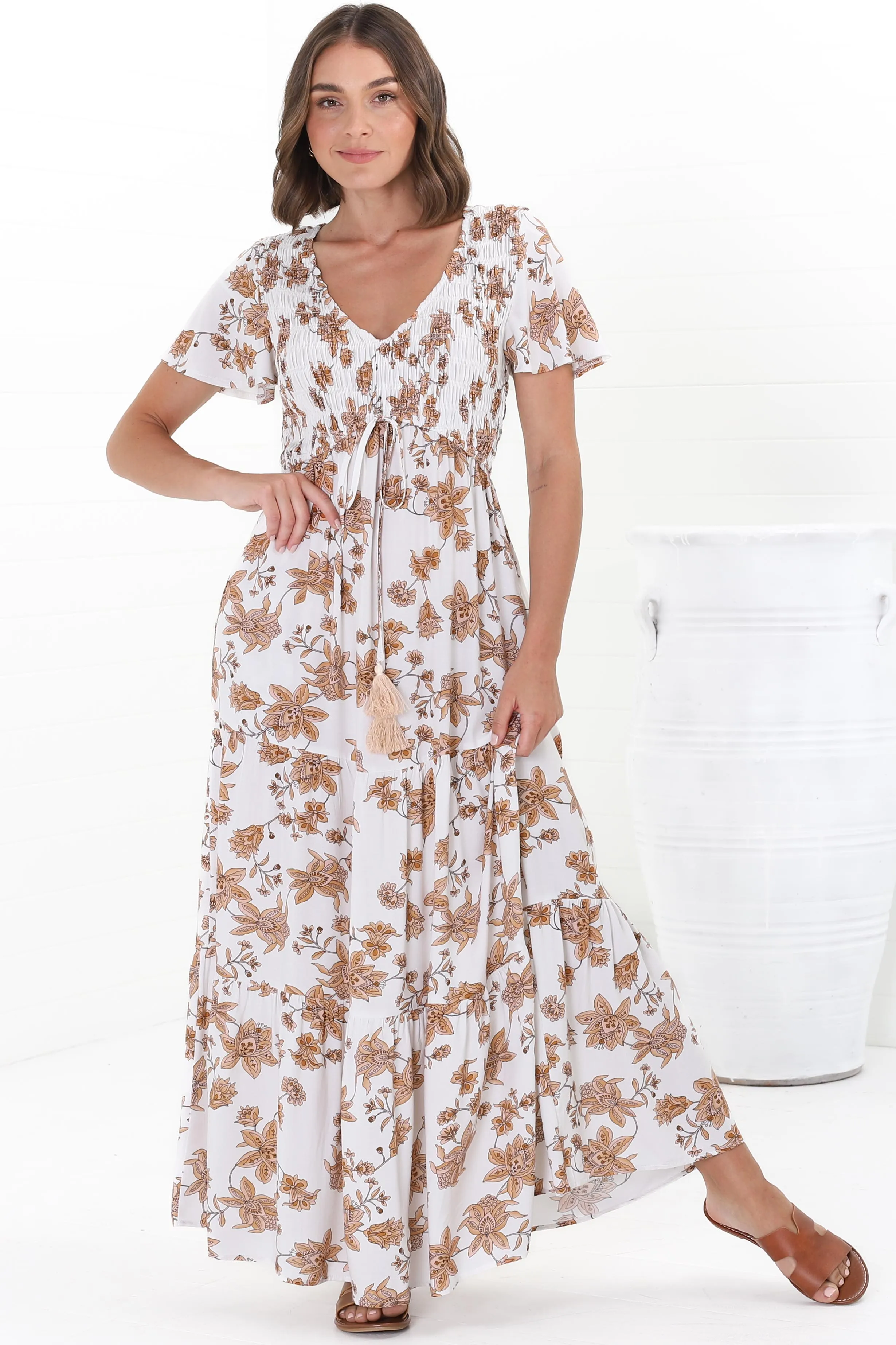 Amaya Maxi Dress - Shirred Cap Sleeve A Line Dress in Halara Print Cream sold by Salty Crush product image thumbnail 4