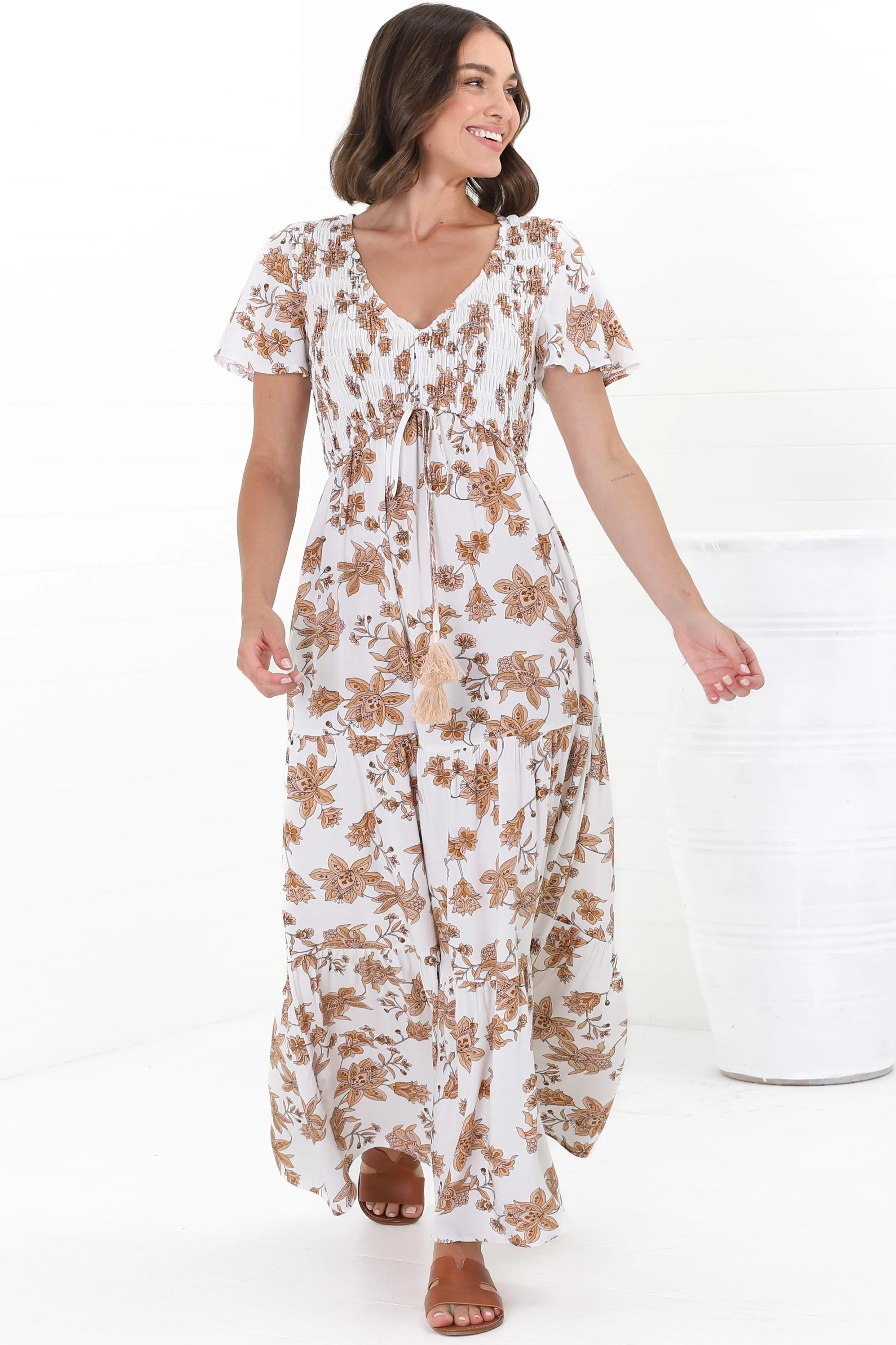 Amaya Maxi Dress - Shirred Cap Sleeve A Line Dress in Halara Print Cream sold by Salty Crush product image thumbnail 3