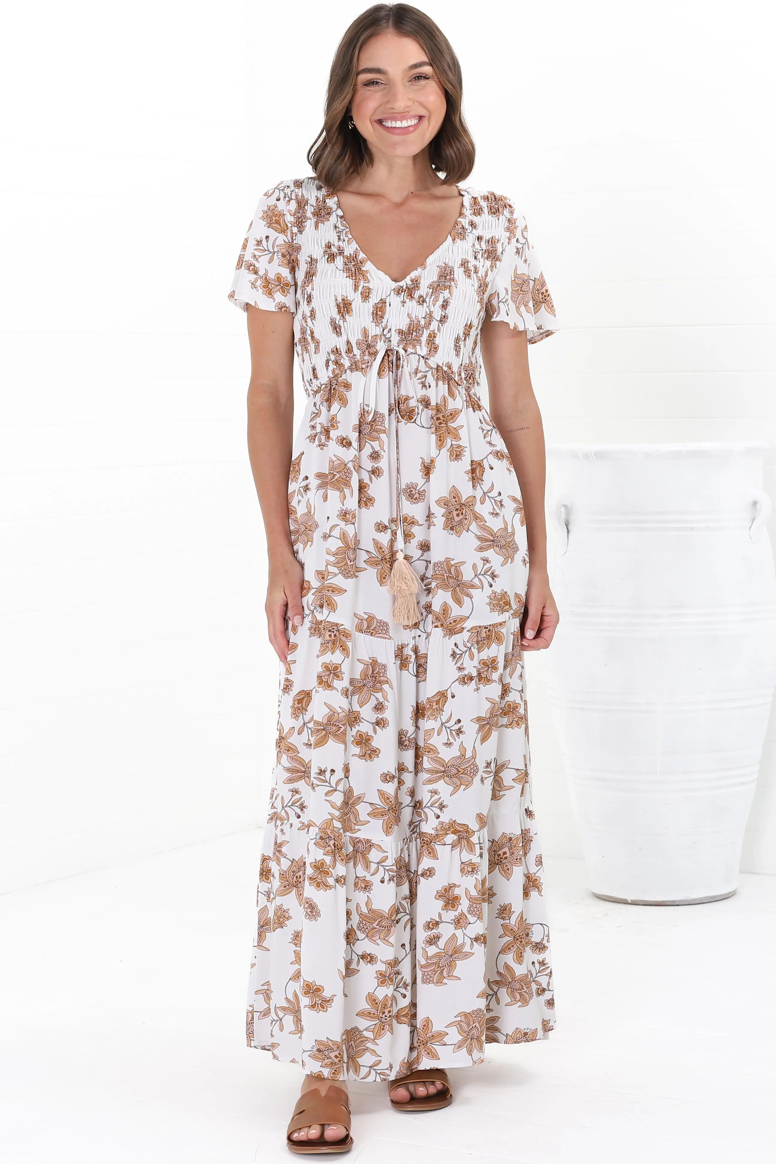 Amaya Maxi Dress - Shirred Cap Sleeve A Line Dress in Halara Print Cream sold by Salty Crush product image thumbnail 5
