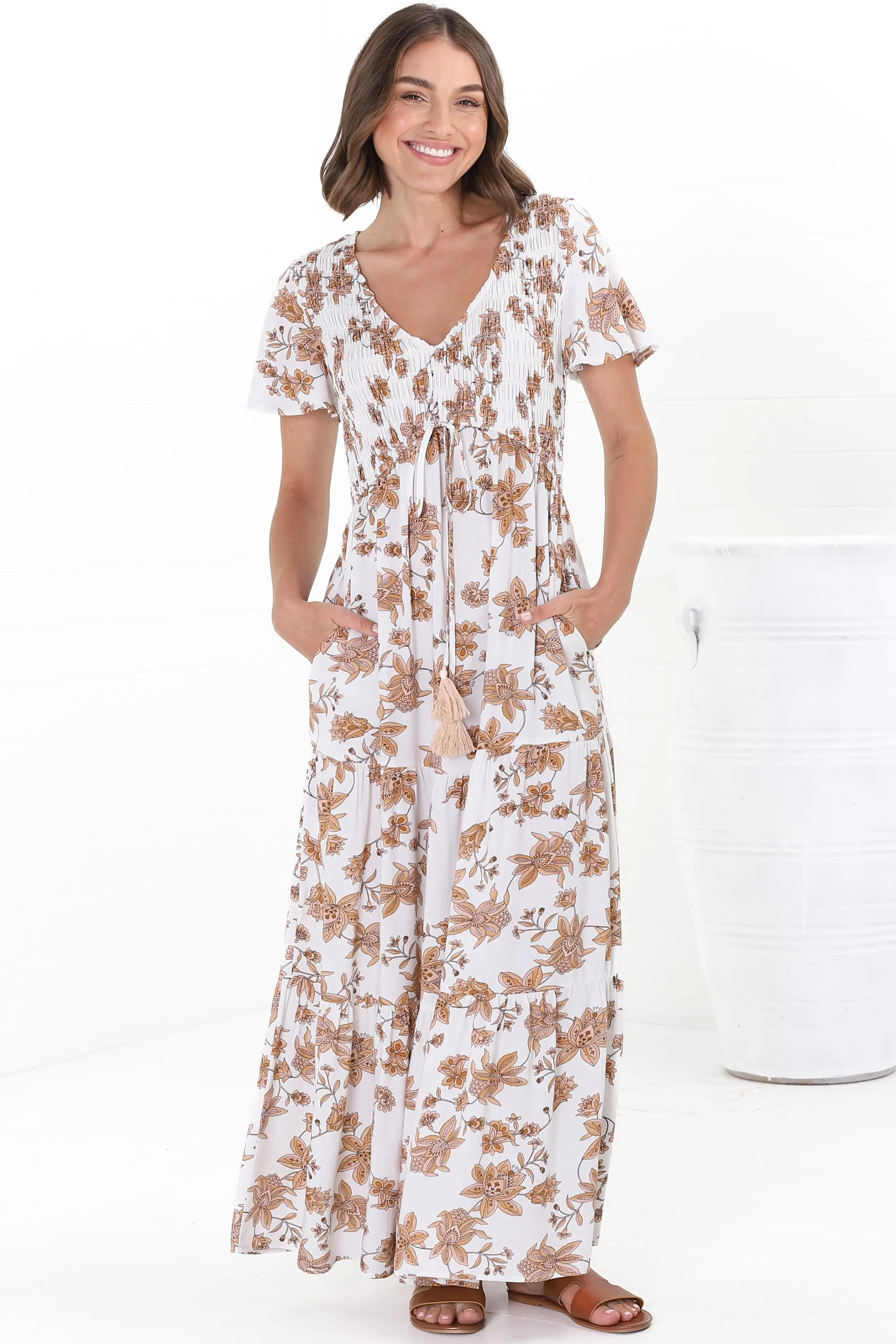 Amaya Maxi Dress - Shirred Cap Sleeve A Line Dress in Halara Print Cream sold by Salty Crush
