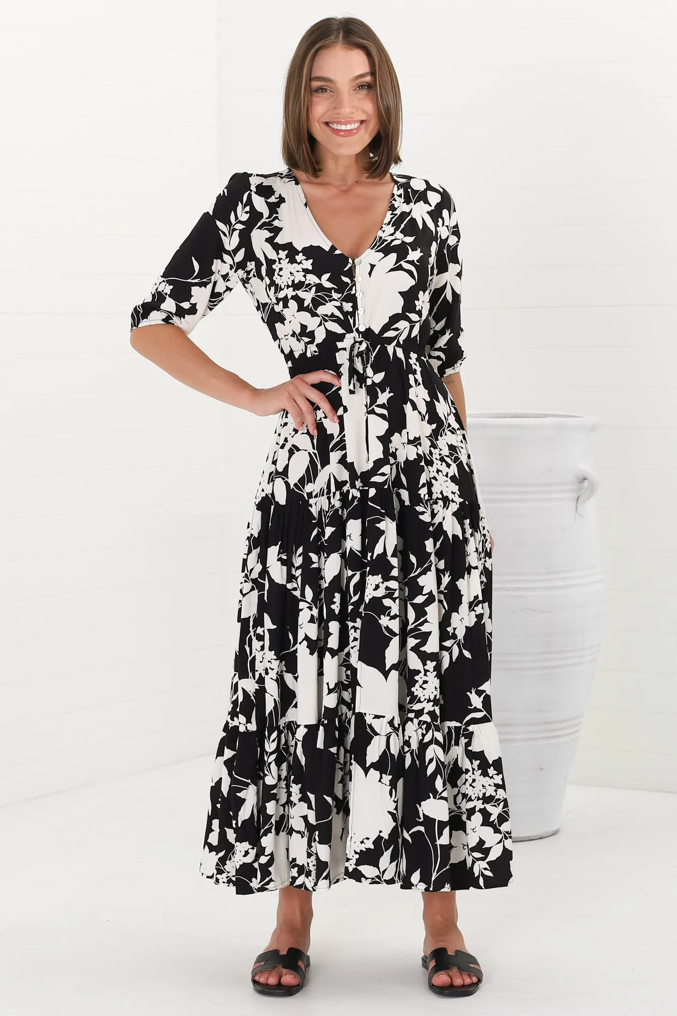 Rachel Maxi Dress - V-Neck 3/4 Sleeve Pull Tie Waist Tiered Dress in Kacia Print Black sold by Salty Crush product image thumbnail 5