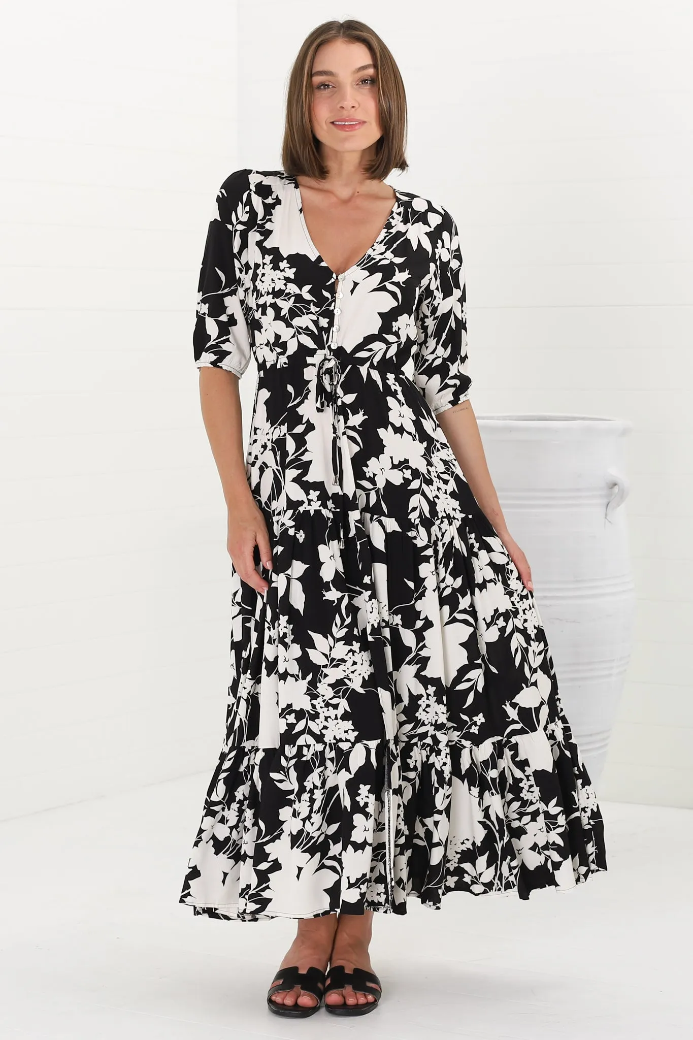 Rachel Maxi Dress - V-Neck 3/4 Sleeve Pull Tie Waist Tiered Dress in Kacia Print Black sold by Salty Crush
