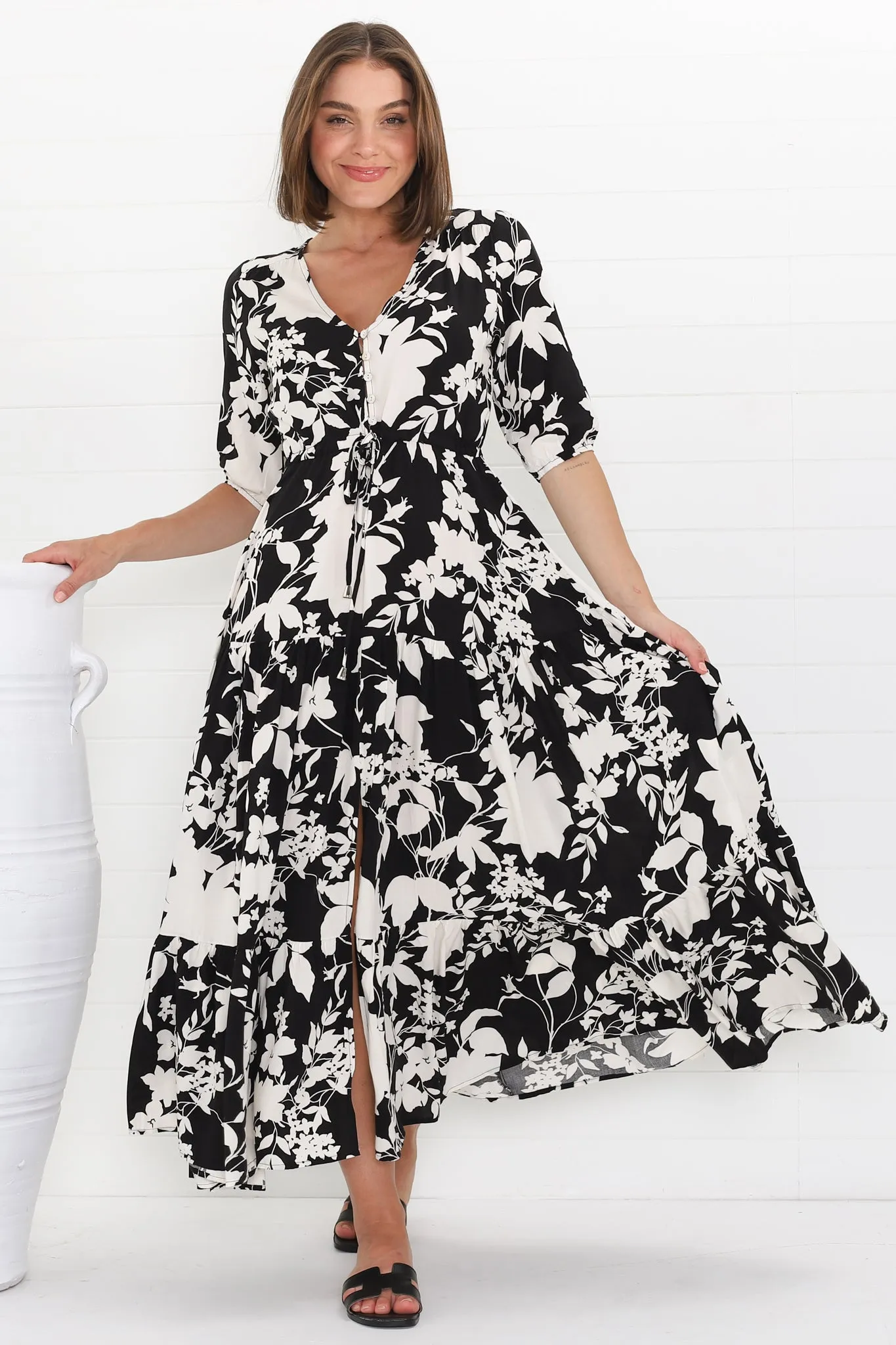 Rachel Maxi Dress - V-Neck 3/4 Sleeve Pull Tie Waist Tiered Dress in Kacia Print Black sold by Salty Crush product image thumbnail 3