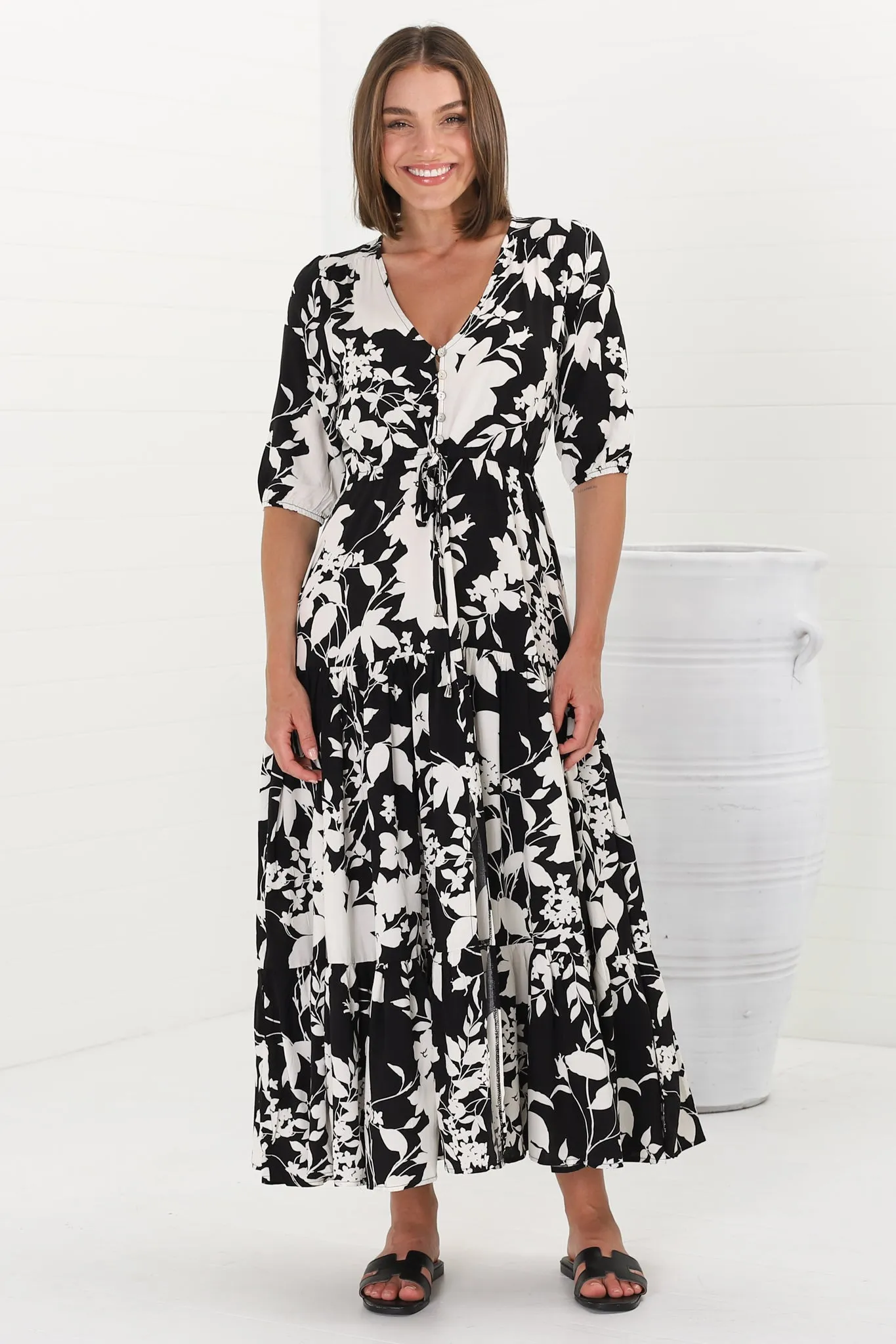 Rachel Maxi Dress - V-Neck 3/4 Sleeve Pull Tie Waist Tiered Dress in Kacia Print Black sold by Salty Crush product image thumbnail 4