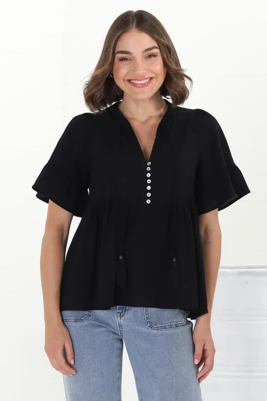 Chime Top - Mandarin Collar Bell Sleeve Pull Over Top in Black sold by Salty Crush