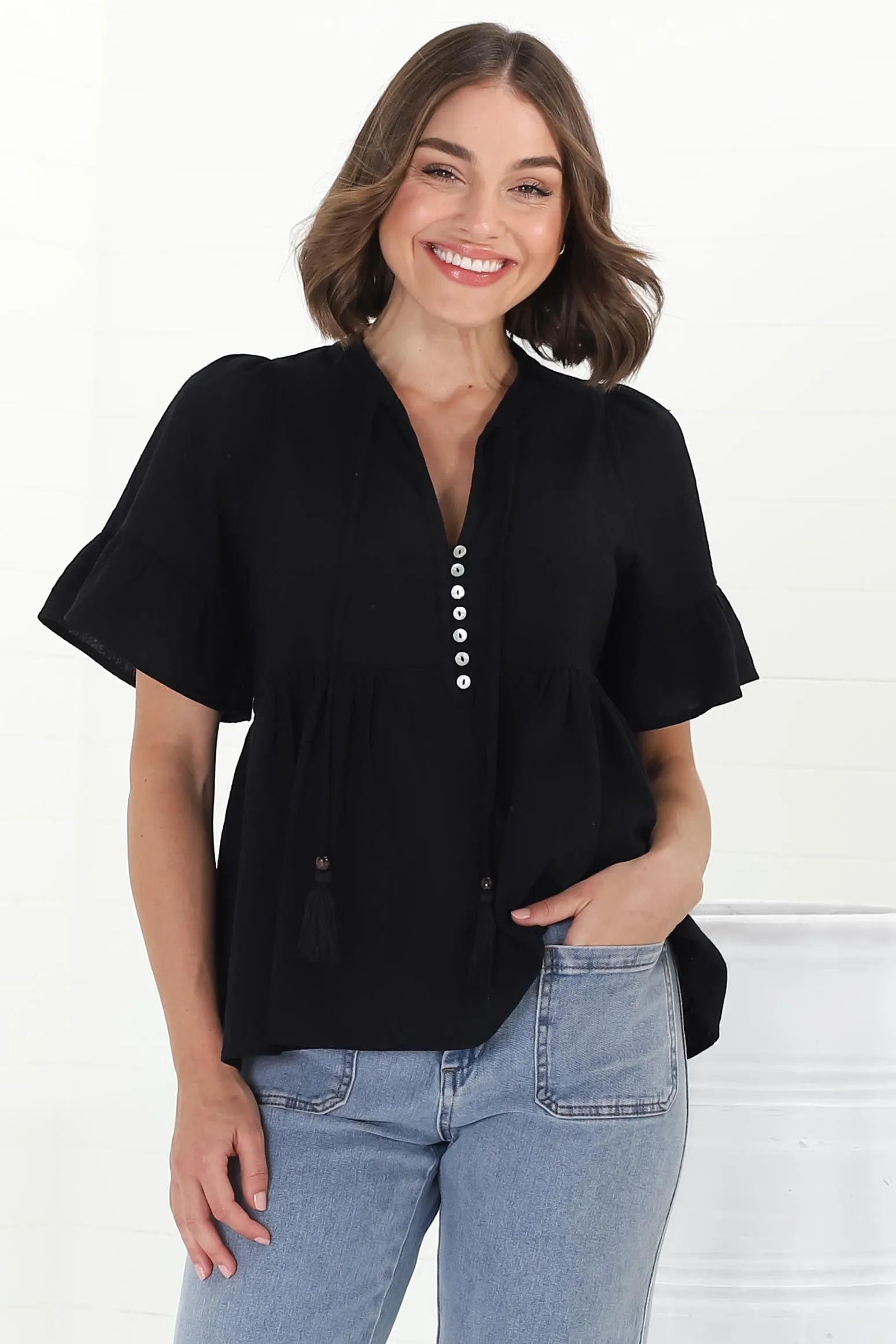 Chime Top - Mandarin Collar Bell Sleeve Pull Over Top in Black sold by Salty Crush product image thumbnail 2