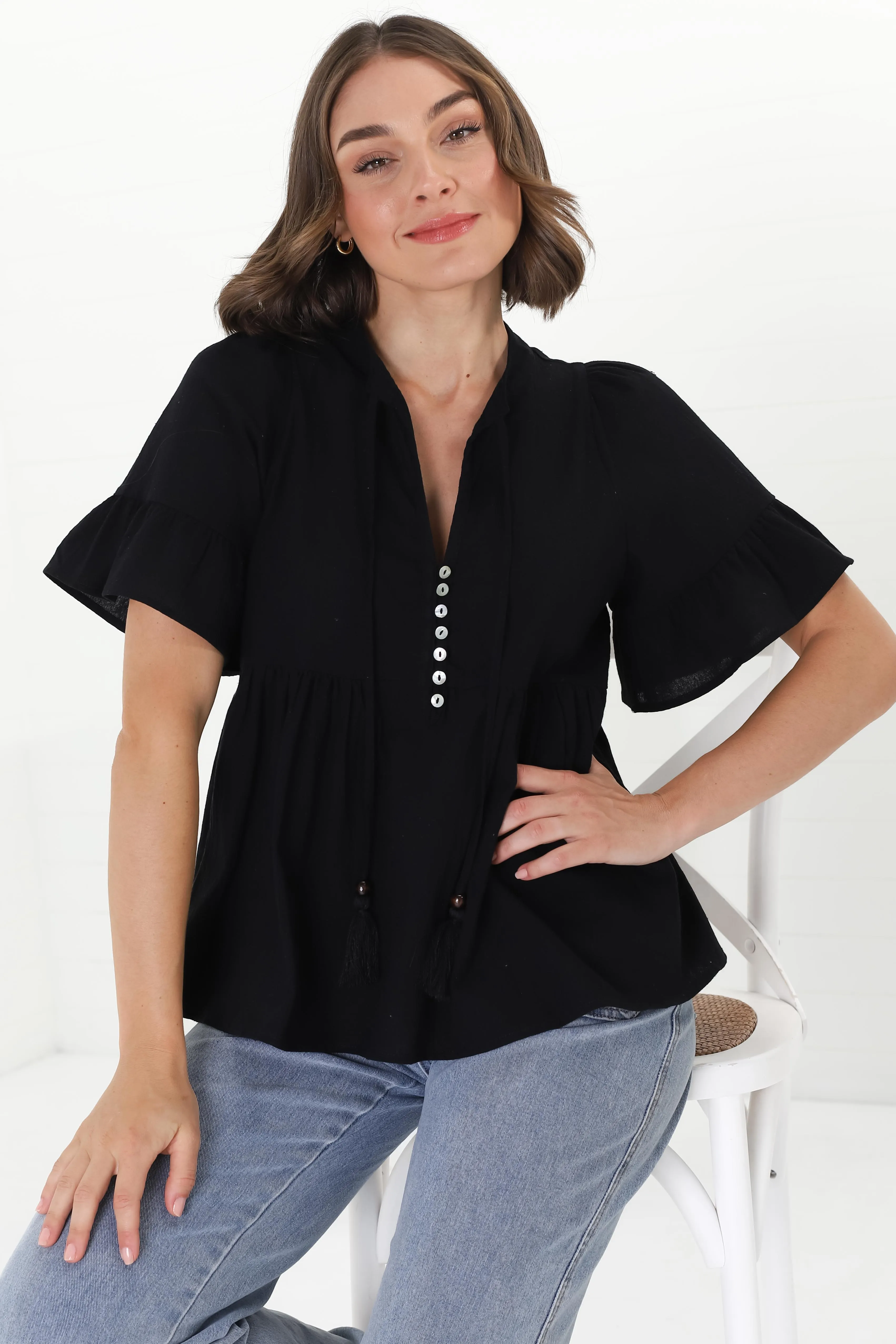 Chime Top - Mandarin Collar Bell Sleeve Pull Over Top in Black sold by Salty Crush product image thumbnail 3