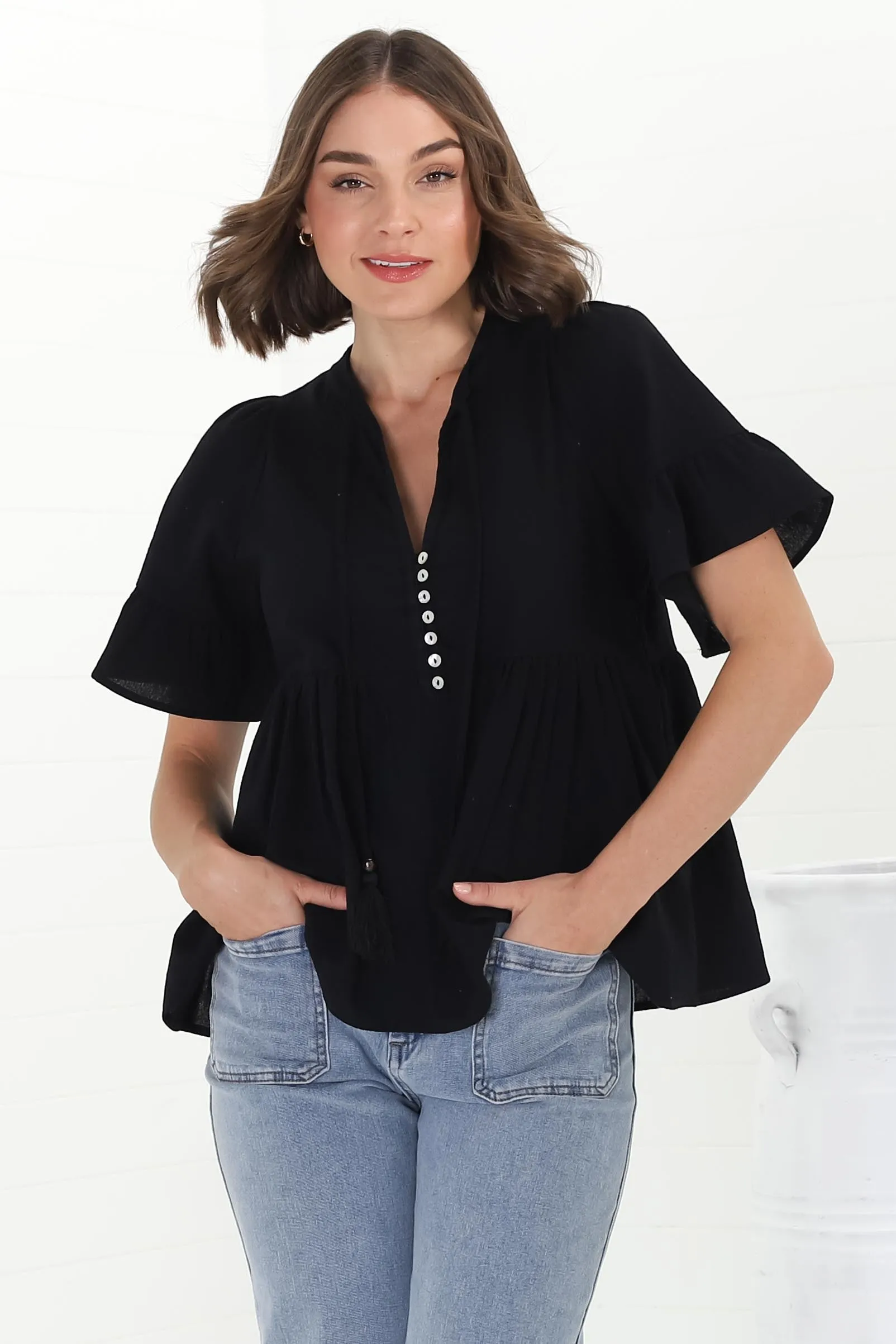 Chime Top - Mandarin Collar Bell Sleeve Pull Over Top in Black sold by Salty Crush product image thumbnail 5