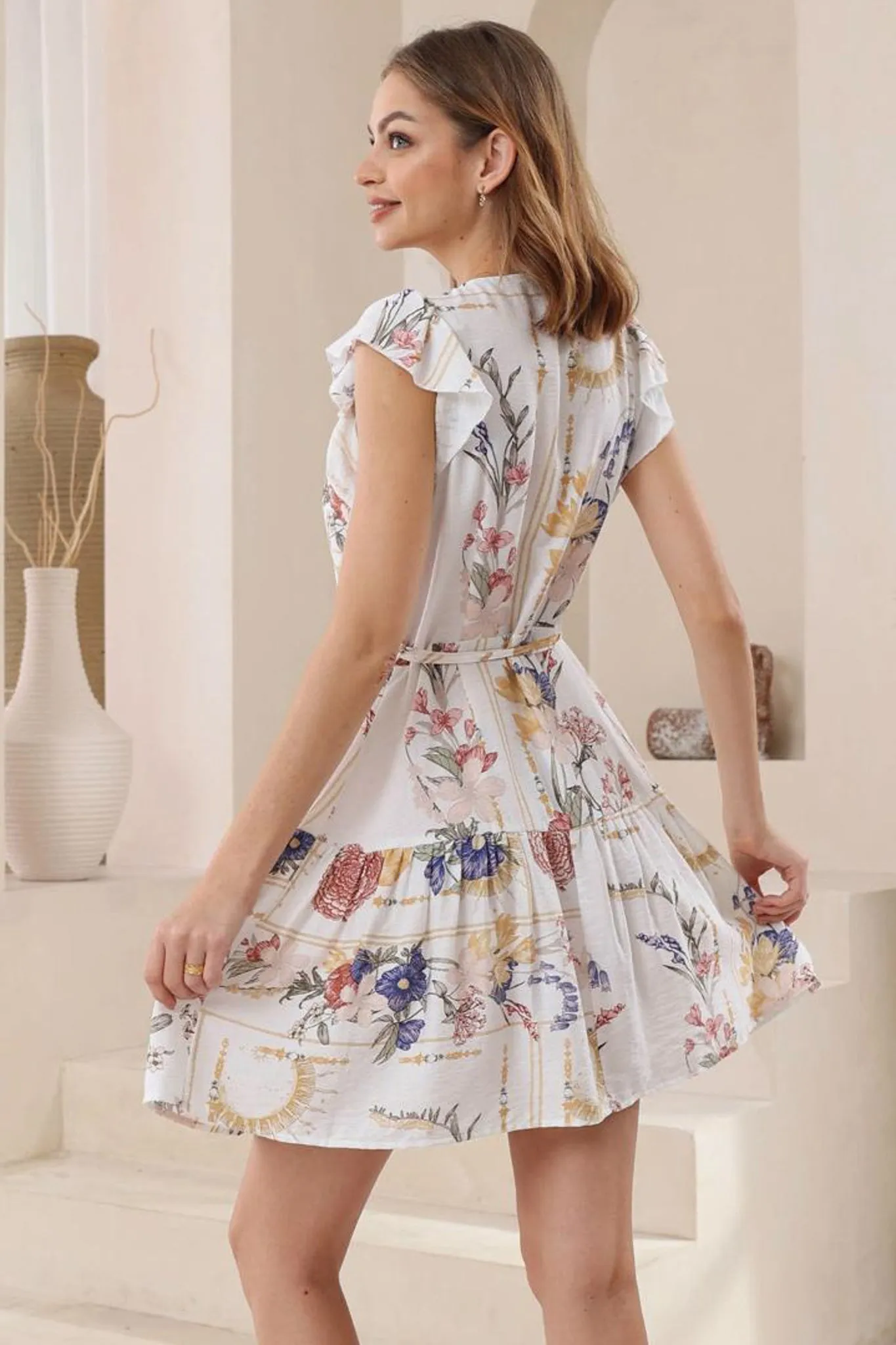 Liora Mini Dress - Button Through Frill Cap Sleeve Dress in Adelia Print sold by Salty Crush product image thumbnail 3