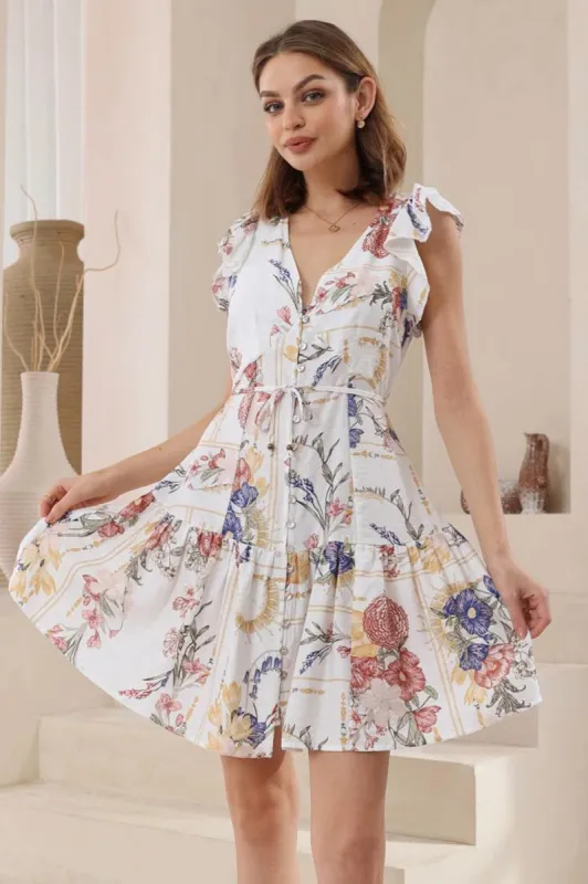 Liora Mini Dress - Button Through Frill Cap Sleeve Dress in Adelia Print sold by Salty Crush