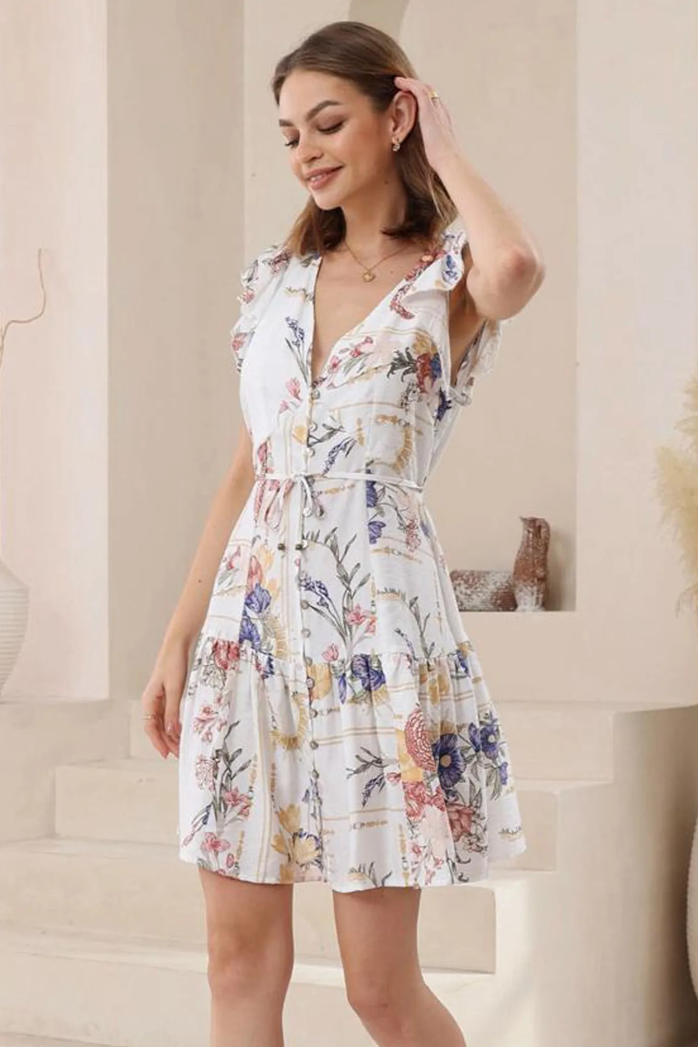 Liora Mini Dress - Button Through Frill Cap Sleeve Dress in Adelia Print sold by Salty Crush product image thumbnail 2