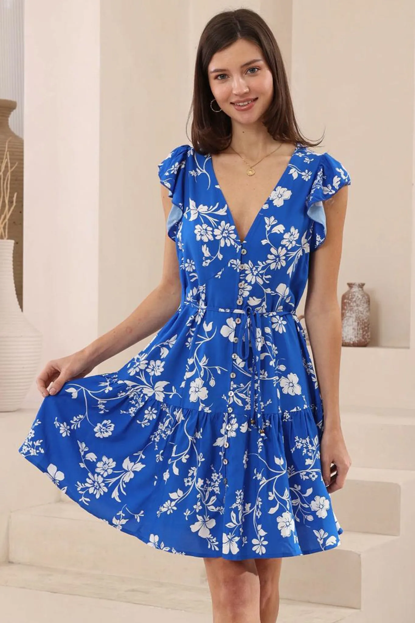 Liora Mini Dress - Button Through Frill Cap Sleeve Dress in Jillia Print sold by Salty Crush