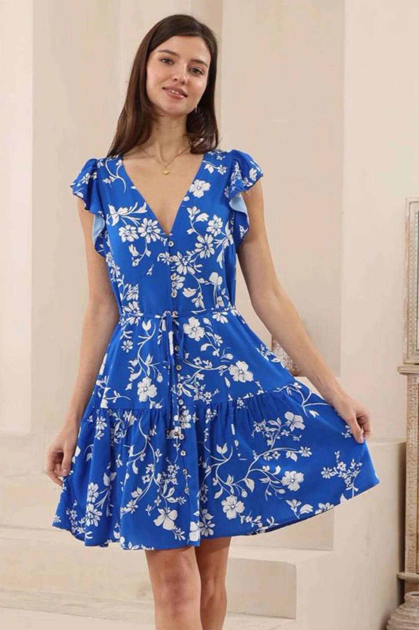 Liora Mini Dress - Button Through Frill Cap Sleeve Dress in Jillia Print sold by Salty Crush product image thumbnail 2