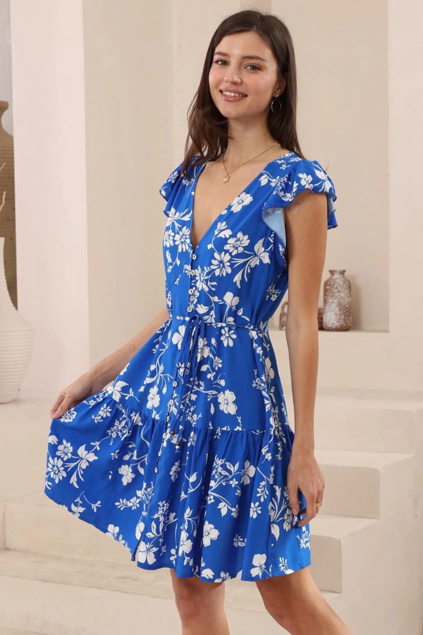 Liora Mini Dress - Button Through Frill Cap Sleeve Dress in Jillia Print sold by Salty Crush product image thumbnail 3