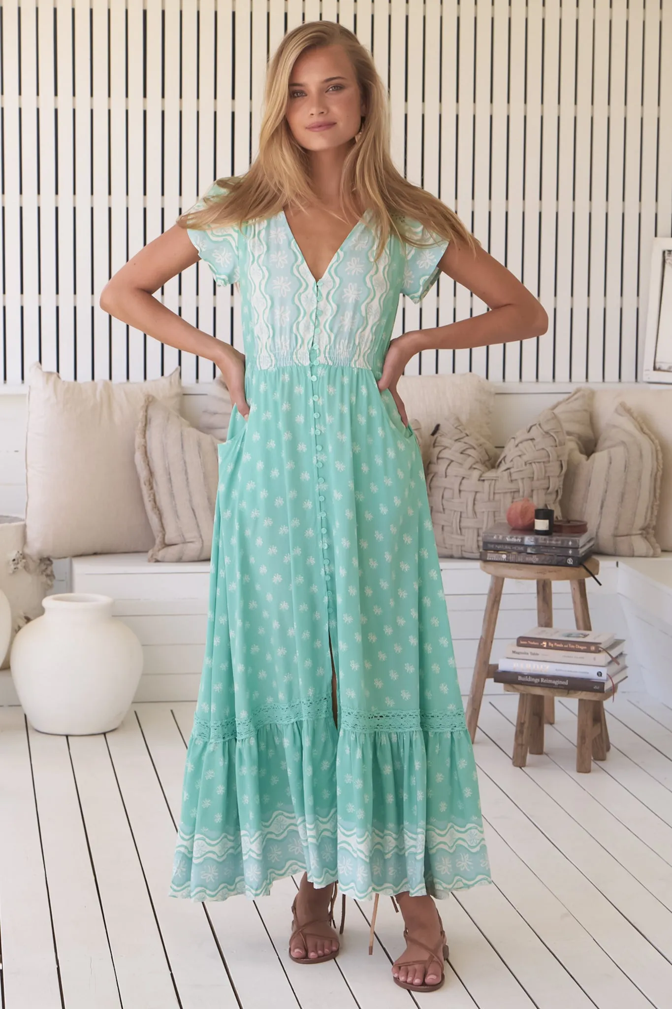 JAASE - Carmen Maxi Dress: Butterfly Cap Sleeve Button Down A Line Dress with Lace Trim in Sea Foam Print sold by Salty Crush product image thumbnail 2