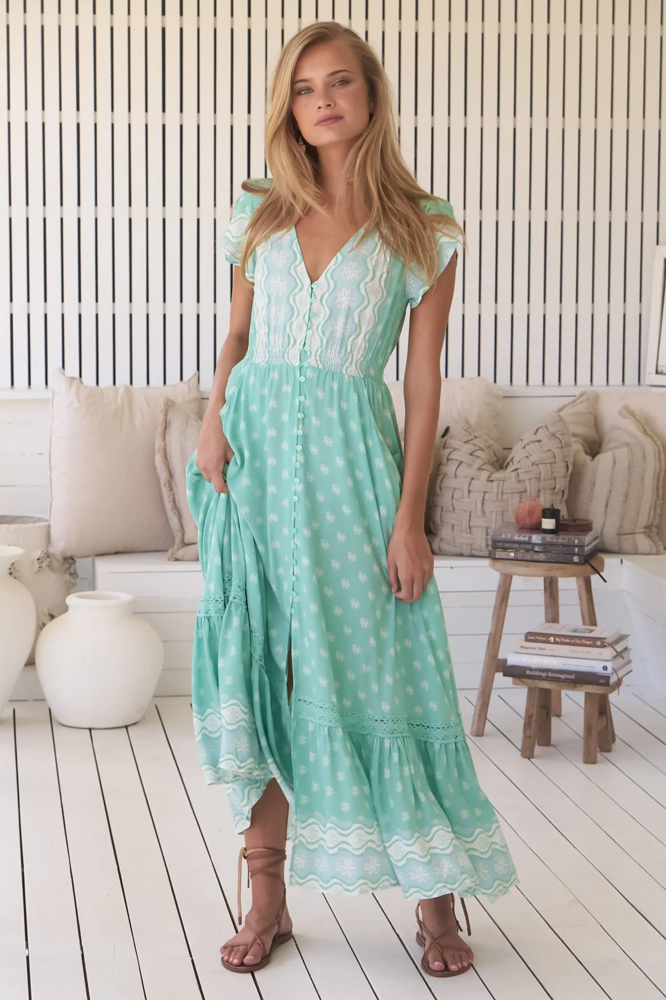 JAASE - Carmen Maxi Dress: Butterfly Cap Sleeve Button Down A Line Dress with Lace Trim in Sea Foam Print sold by Salty Crush product image thumbnail 4