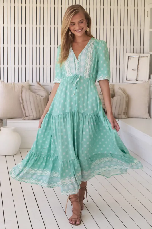 JAASE - Tessa Maxi Dress: A Line Pull Tie Waist Dress in Sea Foam Print sold by Salty Crush