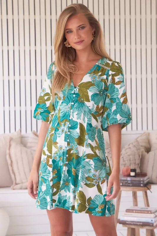 Lenni Mini Dress - V Neck Button Down Dress with Balloon Sleeves in Amaya Print sold by Salty Crush