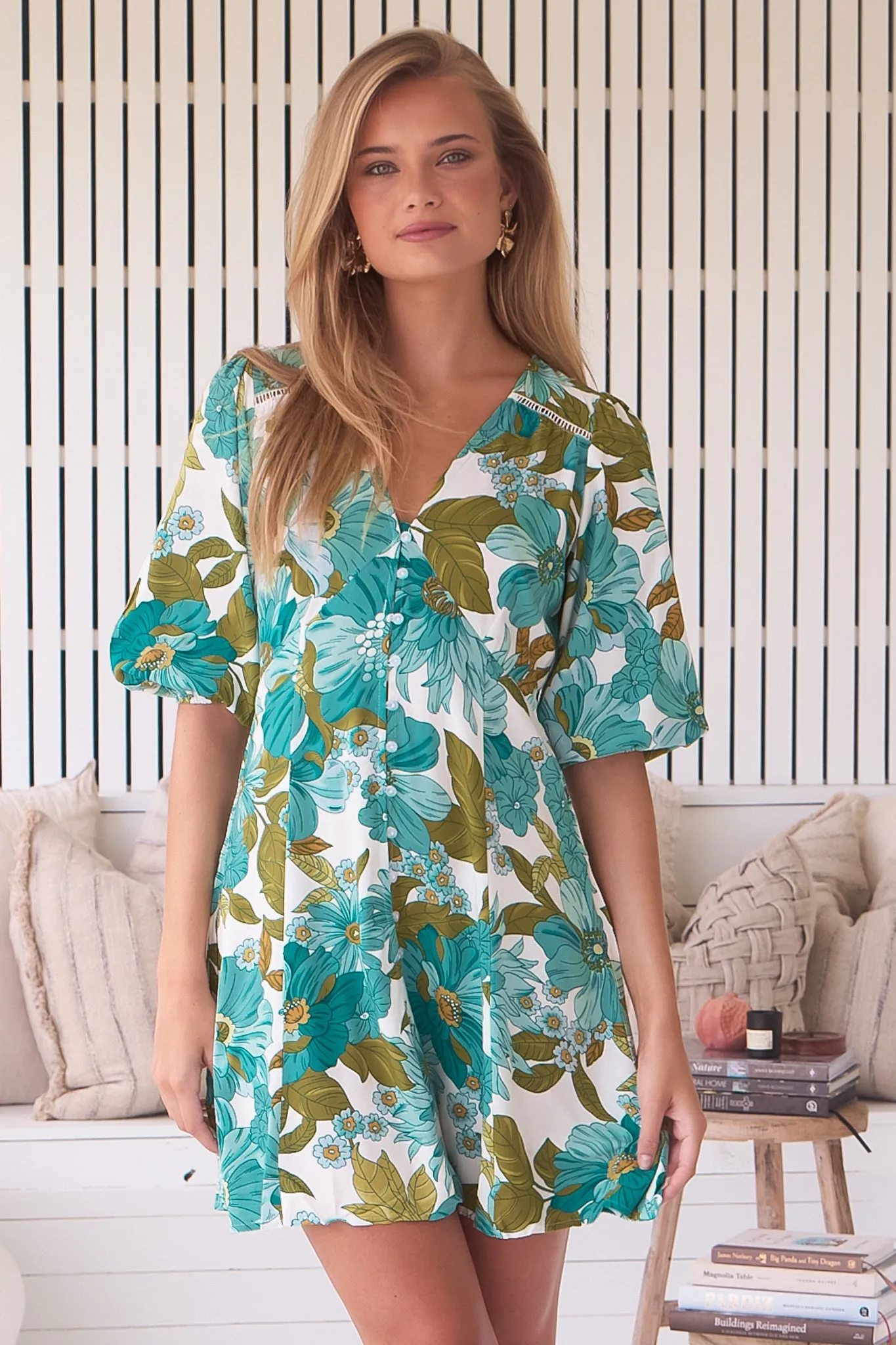 Lenni Mini Dress - V Neck Button Down Dress with Balloon Sleeves in Amaya Print sold by Salty Crush product image thumbnail 5
