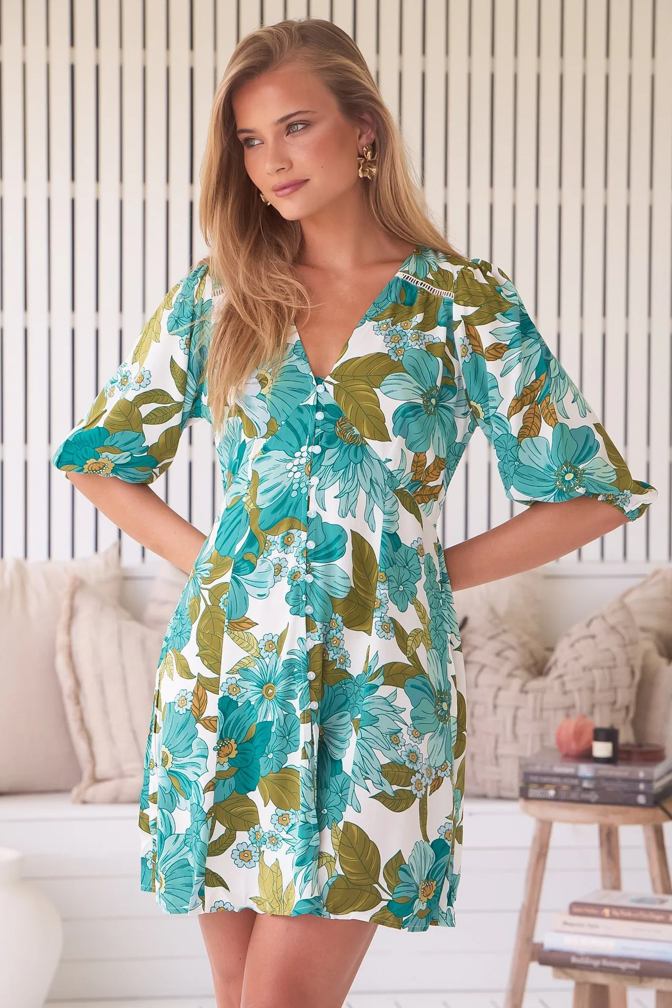 Lenni Mini Dress - V Neck Button Down Dress with Balloon Sleeves in Amaya Print sold by Salty Crush product image thumbnail 4