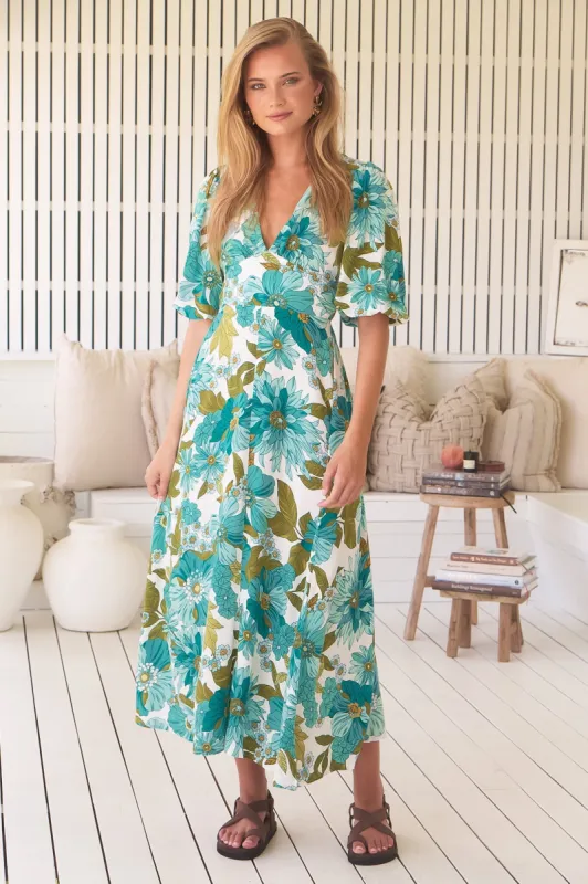 JAASE - Daphne Maxi Dress: A Line Dress with Balloon Sleeves in Amaya Print sold by Salty Crush