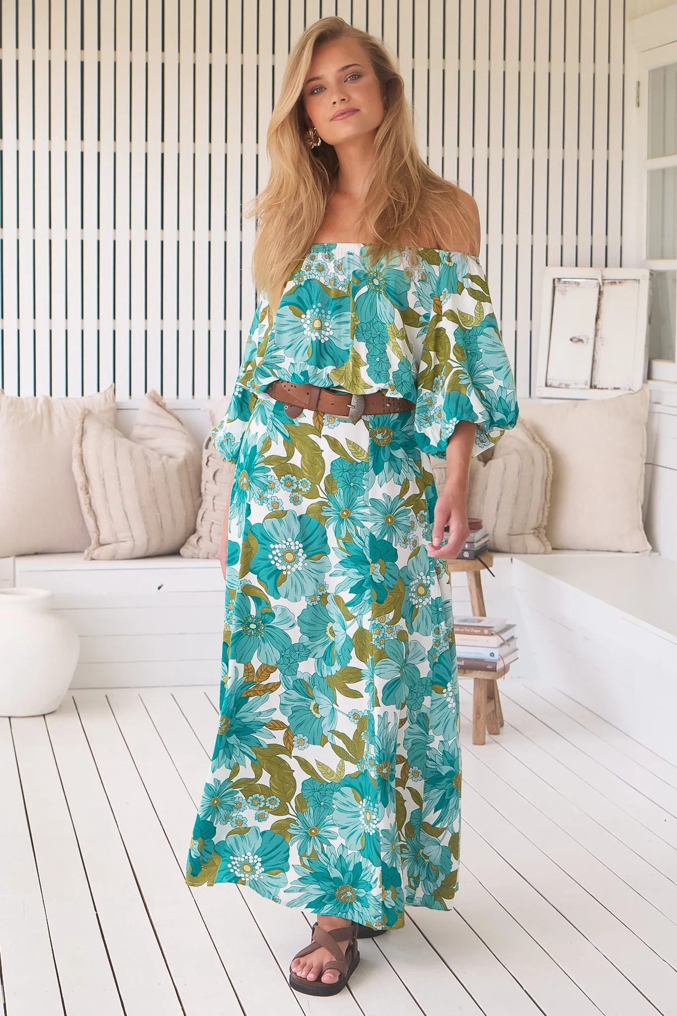 Hallie Maxi Dress - Off Shoulder Balloon Sleeve Dress in Amaya Print sold by Salty Crush product image thumbnail 4