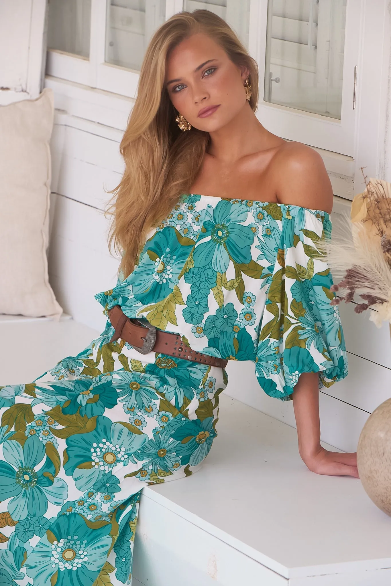 Hallie Maxi Dress - Off Shoulder Balloon Sleeve Dress in Amaya Print sold by Salty Crush product image thumbnail 2