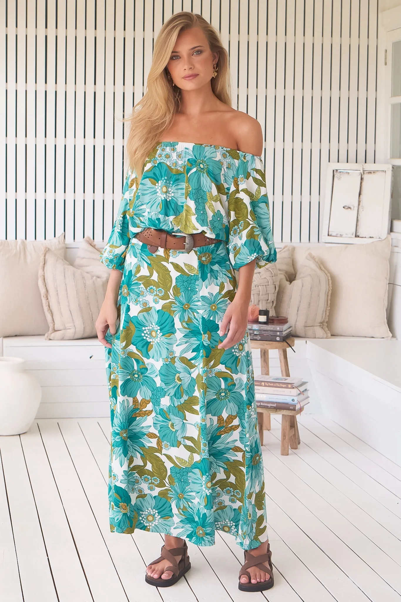 Hallie Maxi Dress - Off Shoulder Balloon Sleeve Dress in Amaya Print sold by Salty Crush