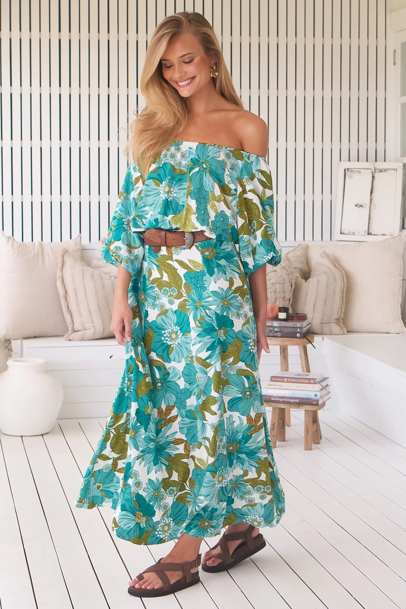 Hallie Maxi Dress - Off Shoulder Balloon Sleeve Dress in Amaya Print sold by Salty Crush product image thumbnail 5