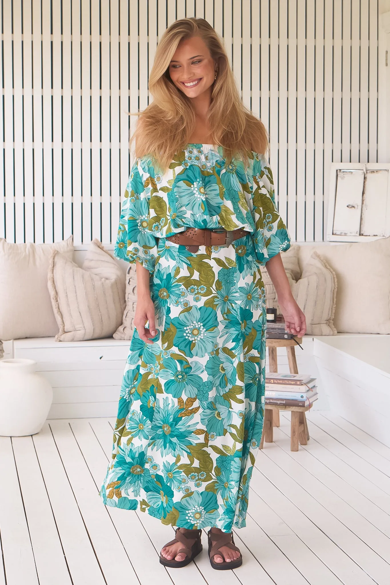 Hallie Maxi Dress - Off Shoulder Balloon Sleeve Dress in Amaya Print sold by Salty Crush product image thumbnail 3