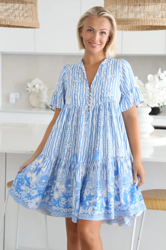 Lilou Mini Dress - Flute Sleeve Tiered Smock Dress in Ailsa Print sold by Salty Crush