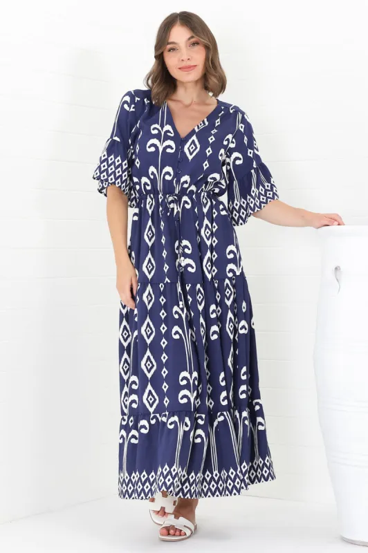 Rae Maxi Dress - Buttoned Bodice Pull Waist A Line Dress in Lark Print Blue sold by Salty Crush