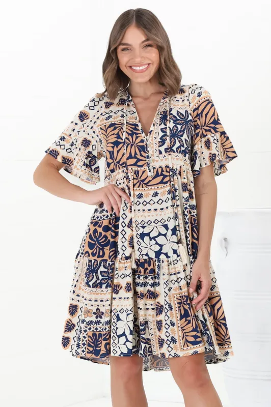 Abilia Mini Dress - Mandarin Collar Smock Dress in Alphy Print sold by Salty Crush