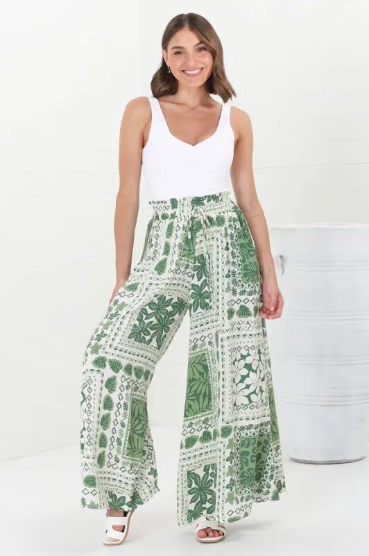 Charli Pants - Paper Bag High Waisted Wide Leg Pants in Halia Print Green sold by Salty Crush