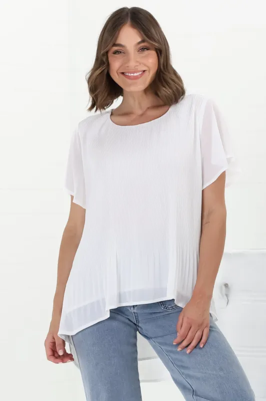 Alek Blouse - Plisse Cap Sleeve Top with High-Low Hemline in White sold by Salty Crush