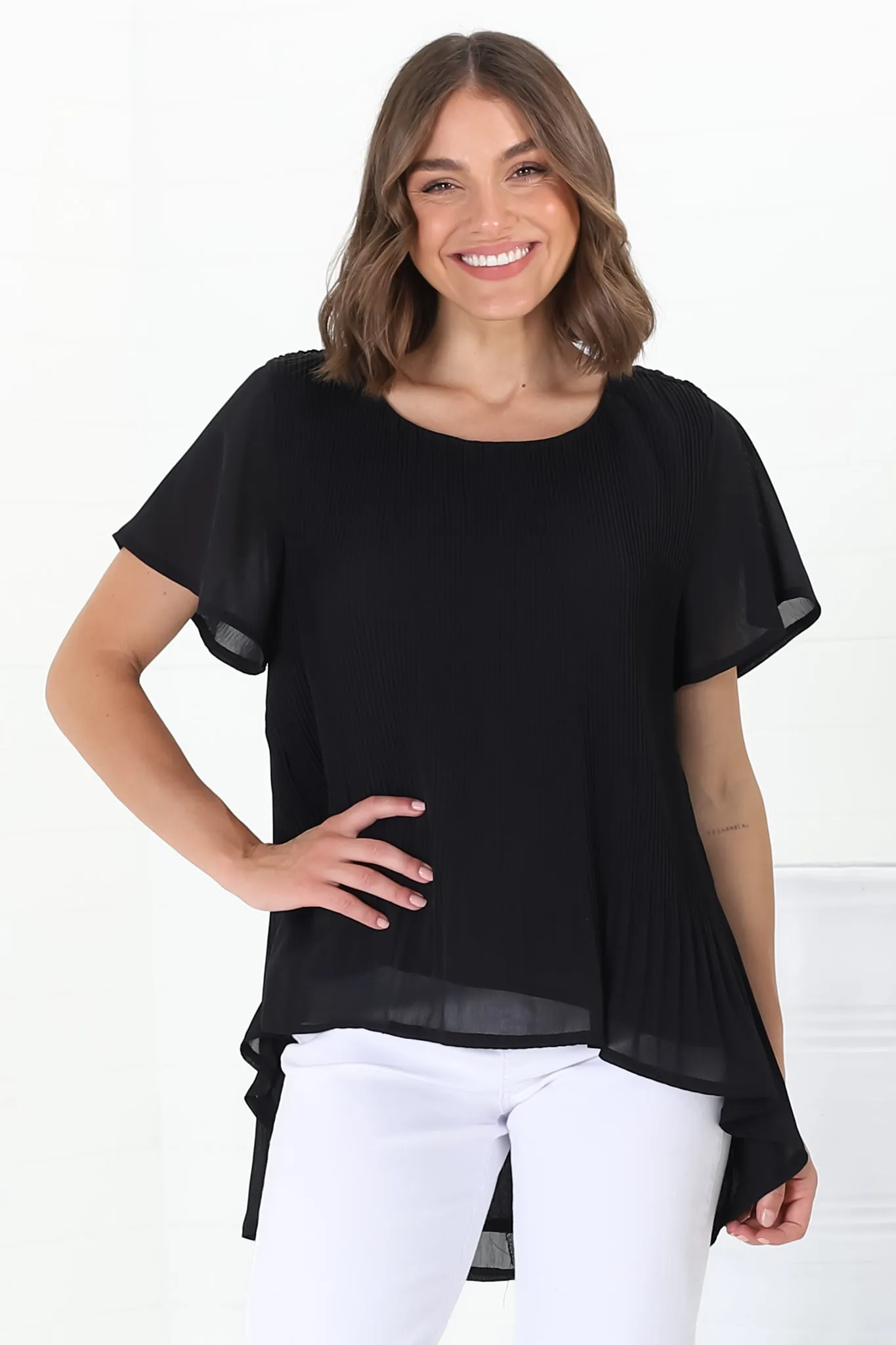 Alek Blouse - Plisse Cap Sleeve Top with High-Low Hemline in Black sold by Salty Crush product image thumbnail 5