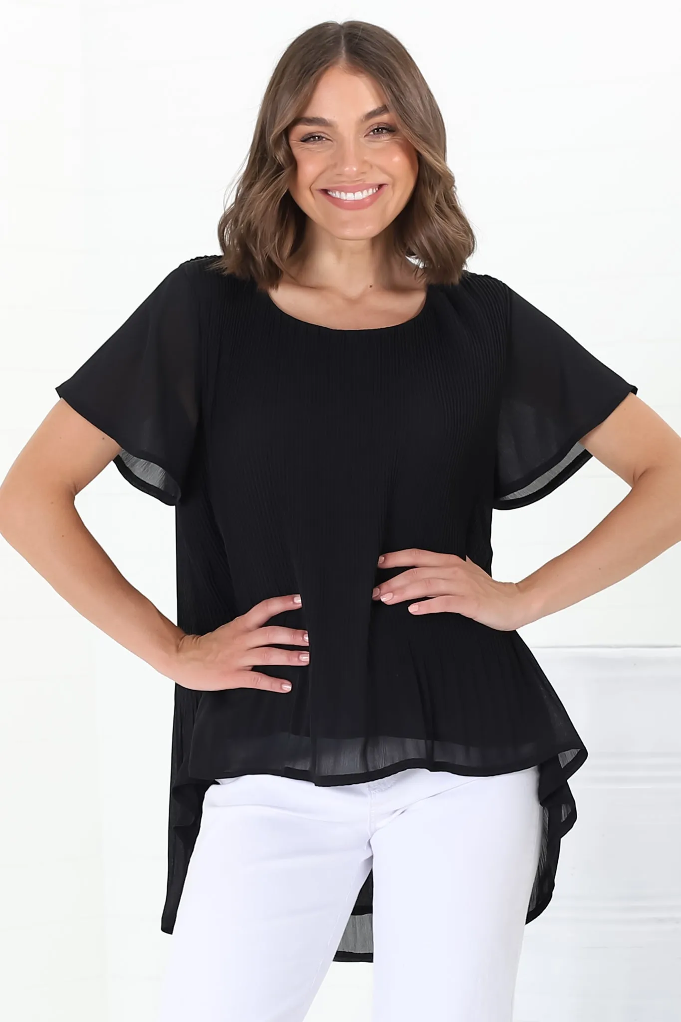Alek Blouse - Plisse Cap Sleeve Top with High-Low Hemline in Black sold by Salty Crush product image thumbnail 4