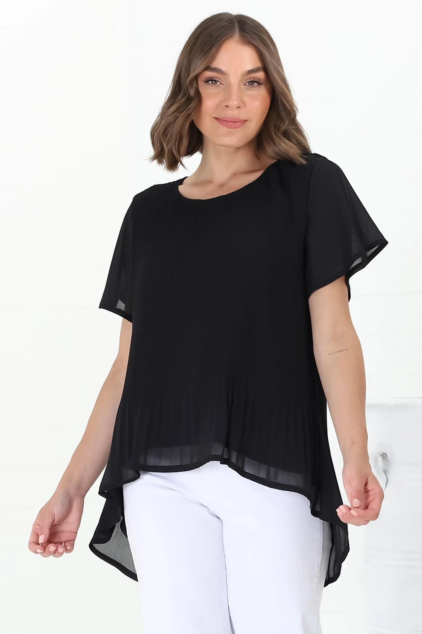 Alek Blouse - Plisse Cap Sleeve Top with High-Low Hemline in Black sold by Salty Crush product image thumbnail 3