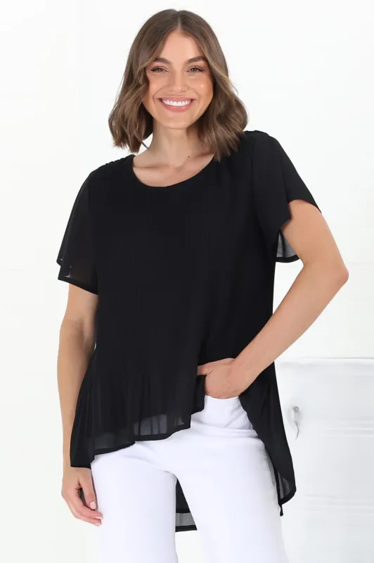 Alek Blouse - Plisse Cap Sleeve Top with High-Low Hemline in Black sold by Salty Crush