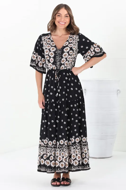 Rae Maxi Dress - Buttoned Bodice Pull Waist A Line Dress in Valia Print Black sold by Salty Crush