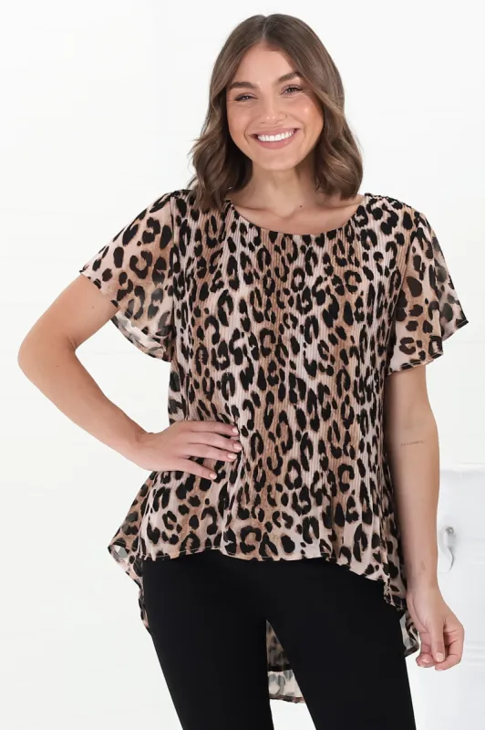 Alek Blouse - Plisse Cap Sleeve Top with High-Low Hemline in Leopard Print sold by Salty Crush