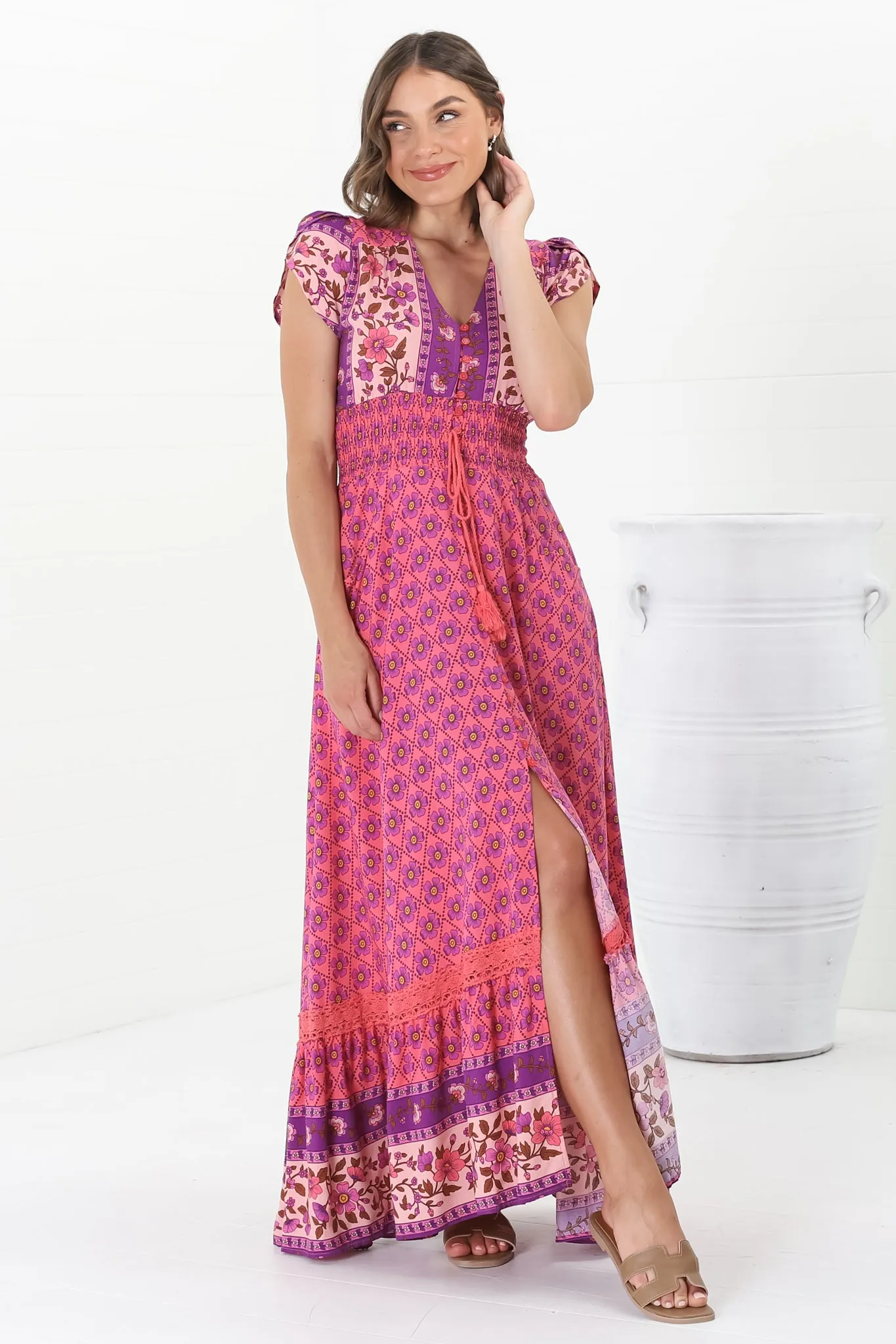 Romi Maxi Dress - Button Down Cap Sleeve Dress with Waist Tie in Jolene Print sold by Salty Crush product image thumbnail 5