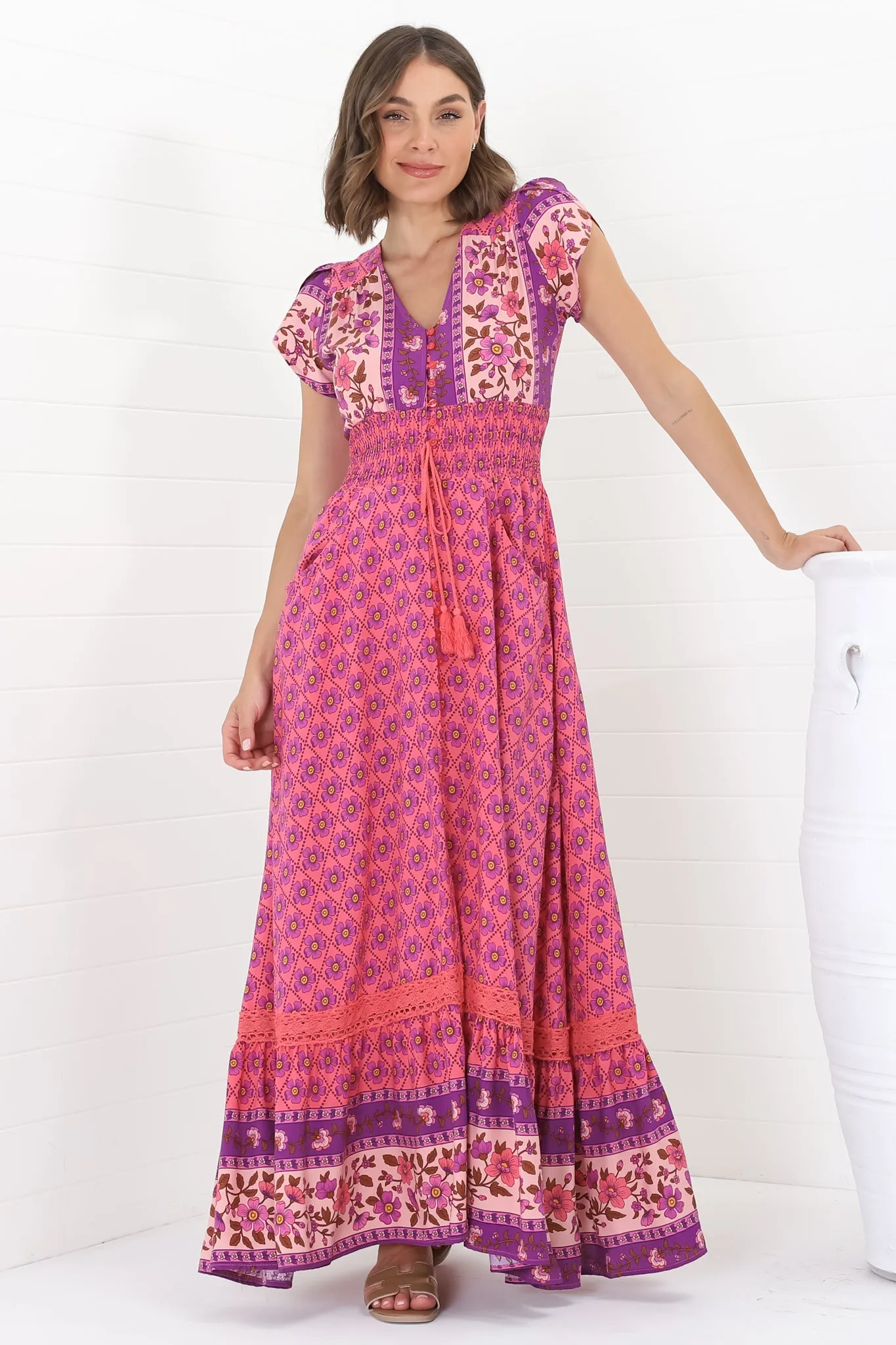 Romi Maxi Dress - Button Down Cap Sleeve Dress with Waist Tie in Jolene Print sold by Salty Crush product image thumbnail 3