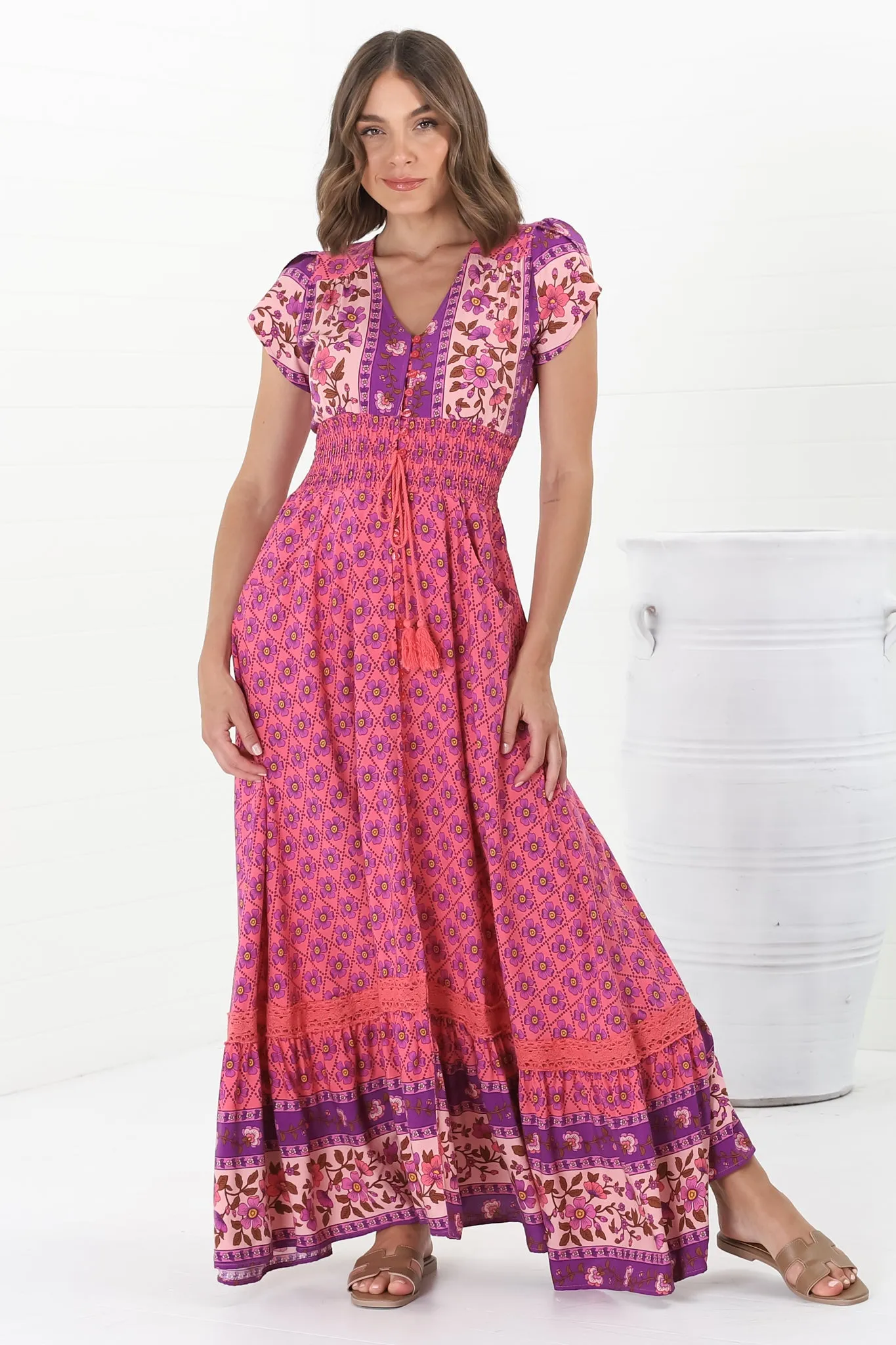 Romi Maxi Dress - Button Down Cap Sleeve Dress with Waist Tie in Jolene Print sold by Salty Crush product image thumbnail 2