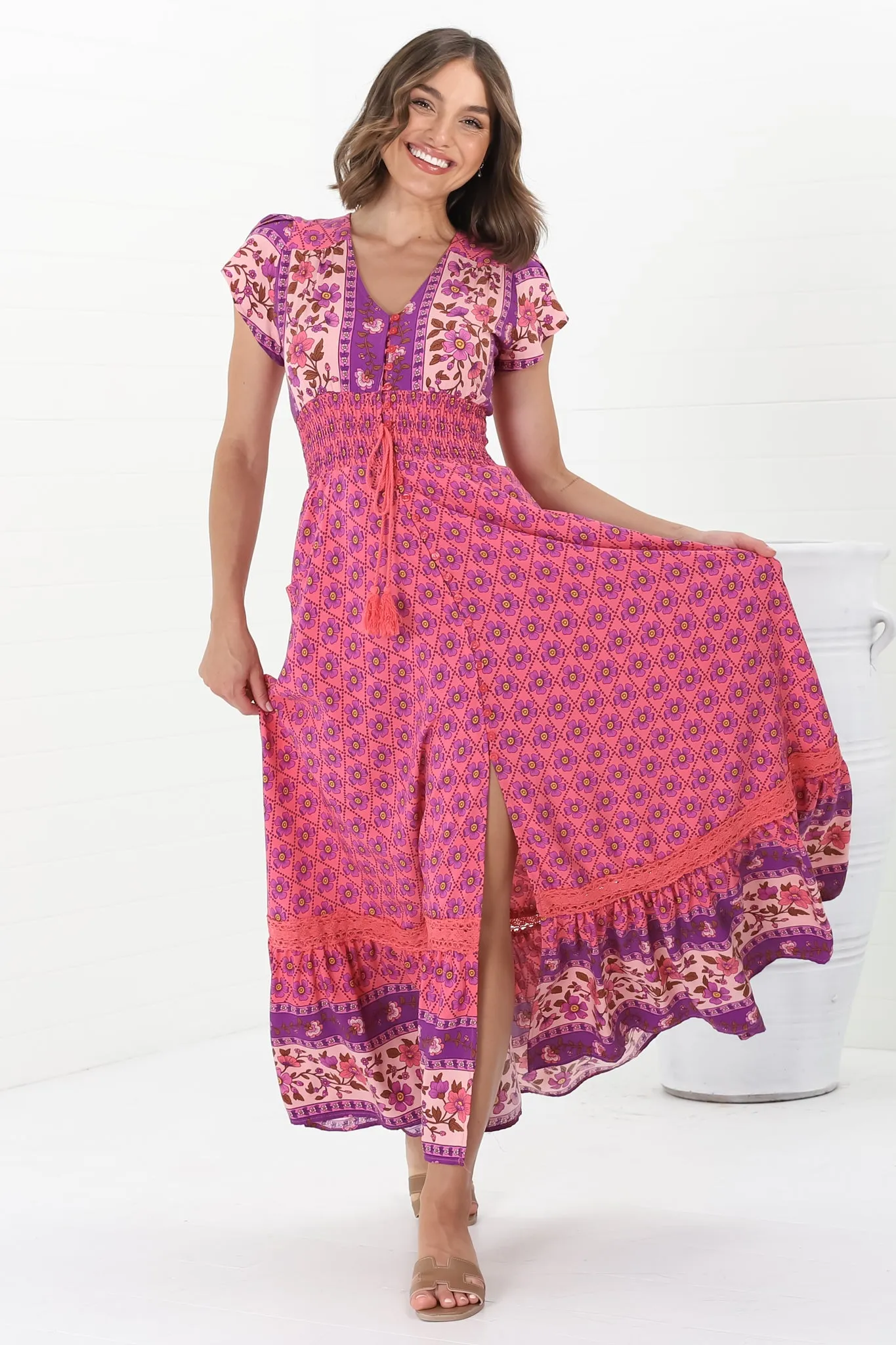 Romi Maxi Dress - Button Down Cap Sleeve Dress with Waist Tie in Jolene Print sold by Salty Crush product image thumbnail 4