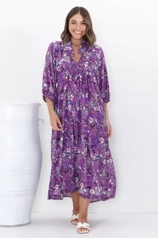JAASE - Boheme Midi Dress: Piping Defined Bust Slimline Smock Dress in Rhodium Print sold by Salty Crush
